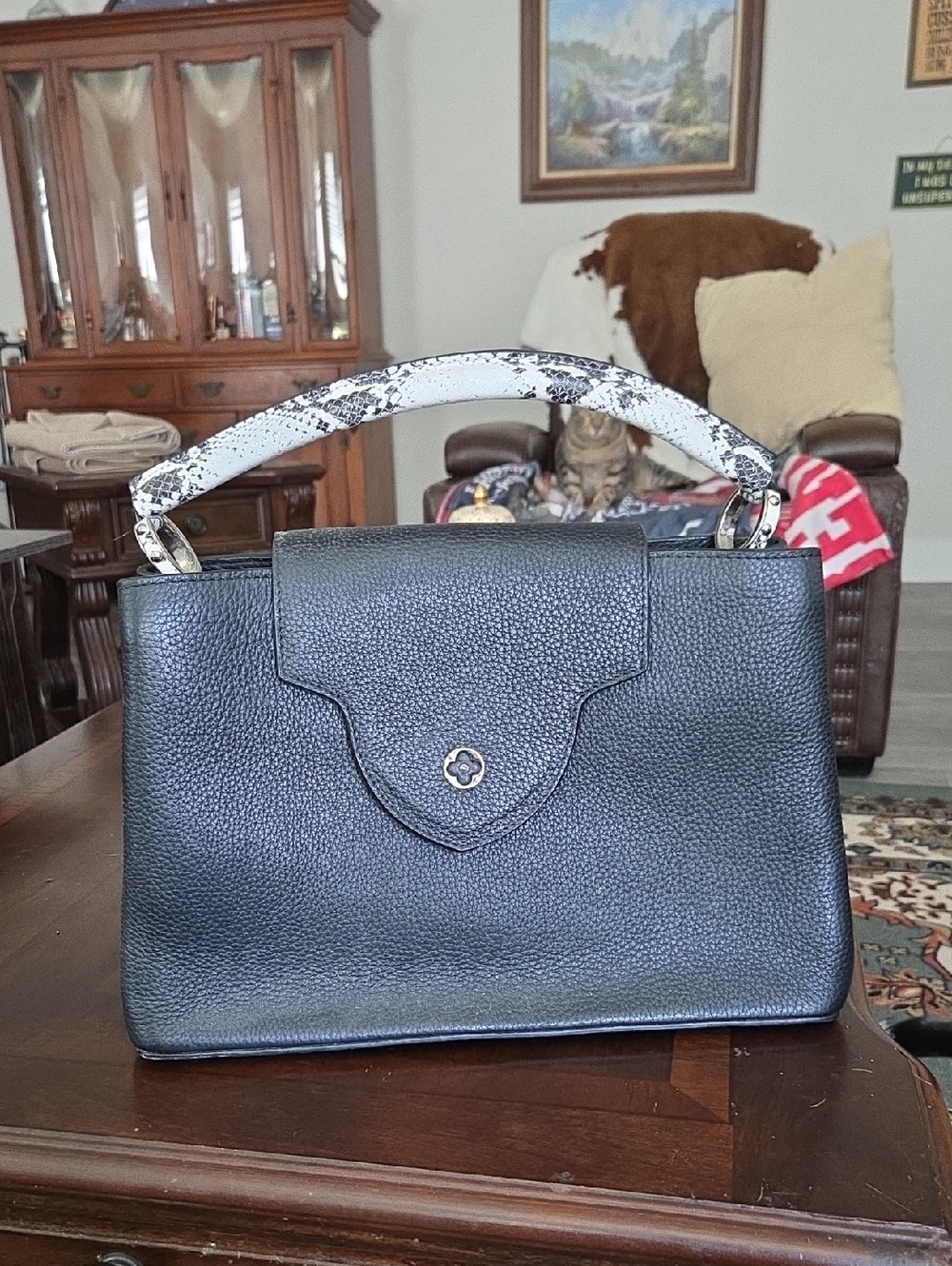 Louis Vuitton Black Leather Never Used  Top-Handle Bag with Snake-Print Handle